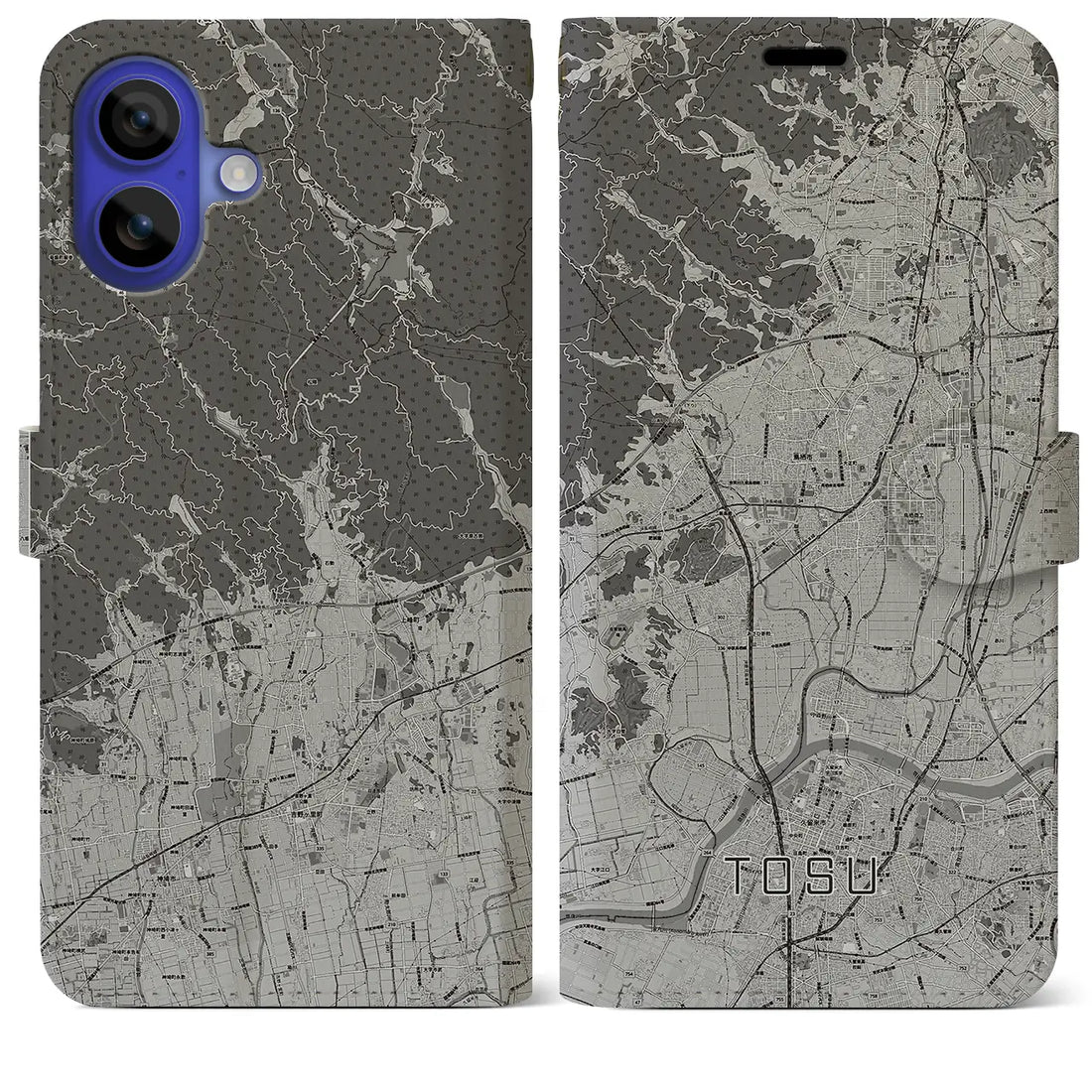 【鳥栖(佐賀県)】地図柄iPhoneケース(手帳タイプ)モノトーン・iPhone 16 Pro Max 用