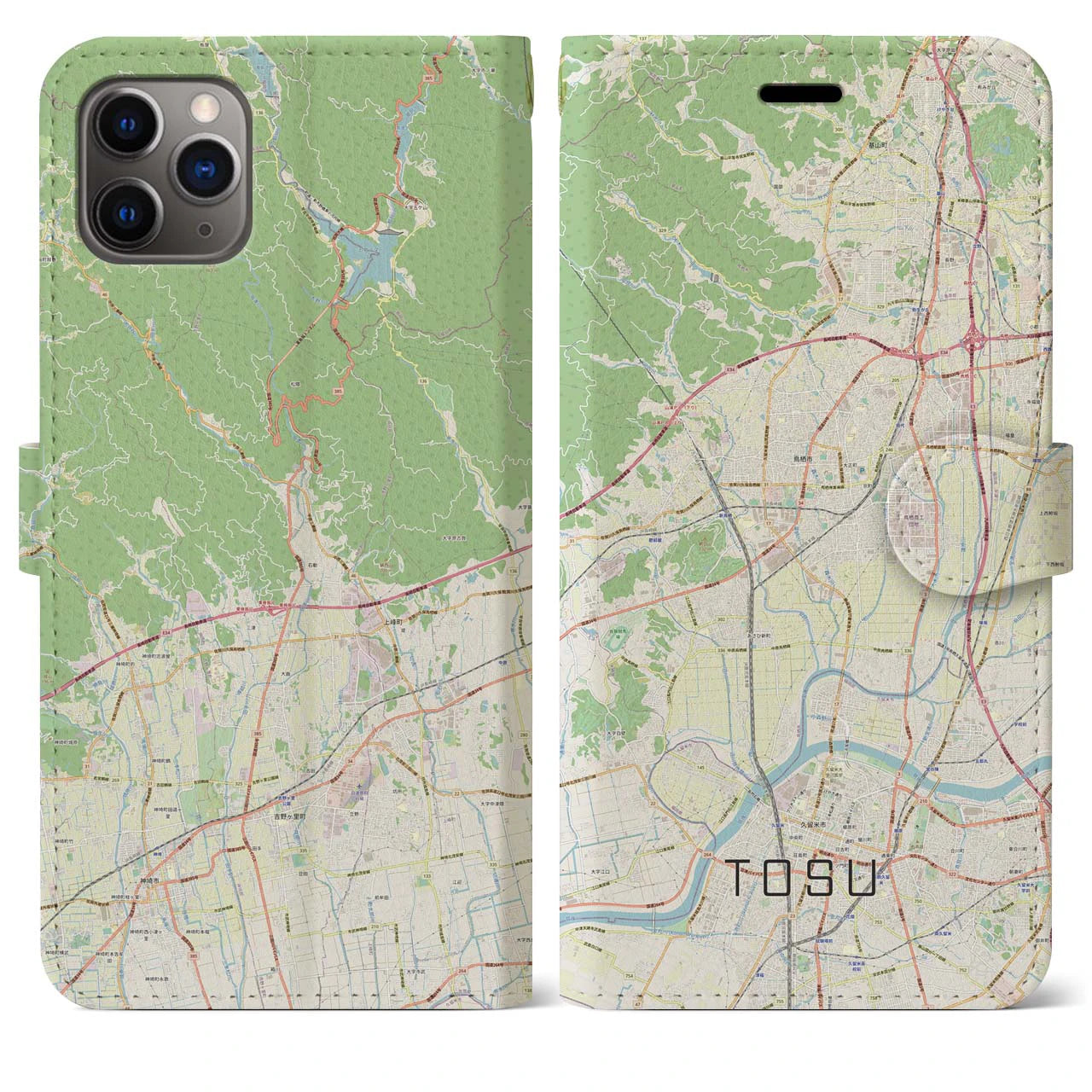 【鳥栖】地図柄iPhoneケース（手帳両面タイプ・ナチュラル）iPhone 11 Pro Max 用