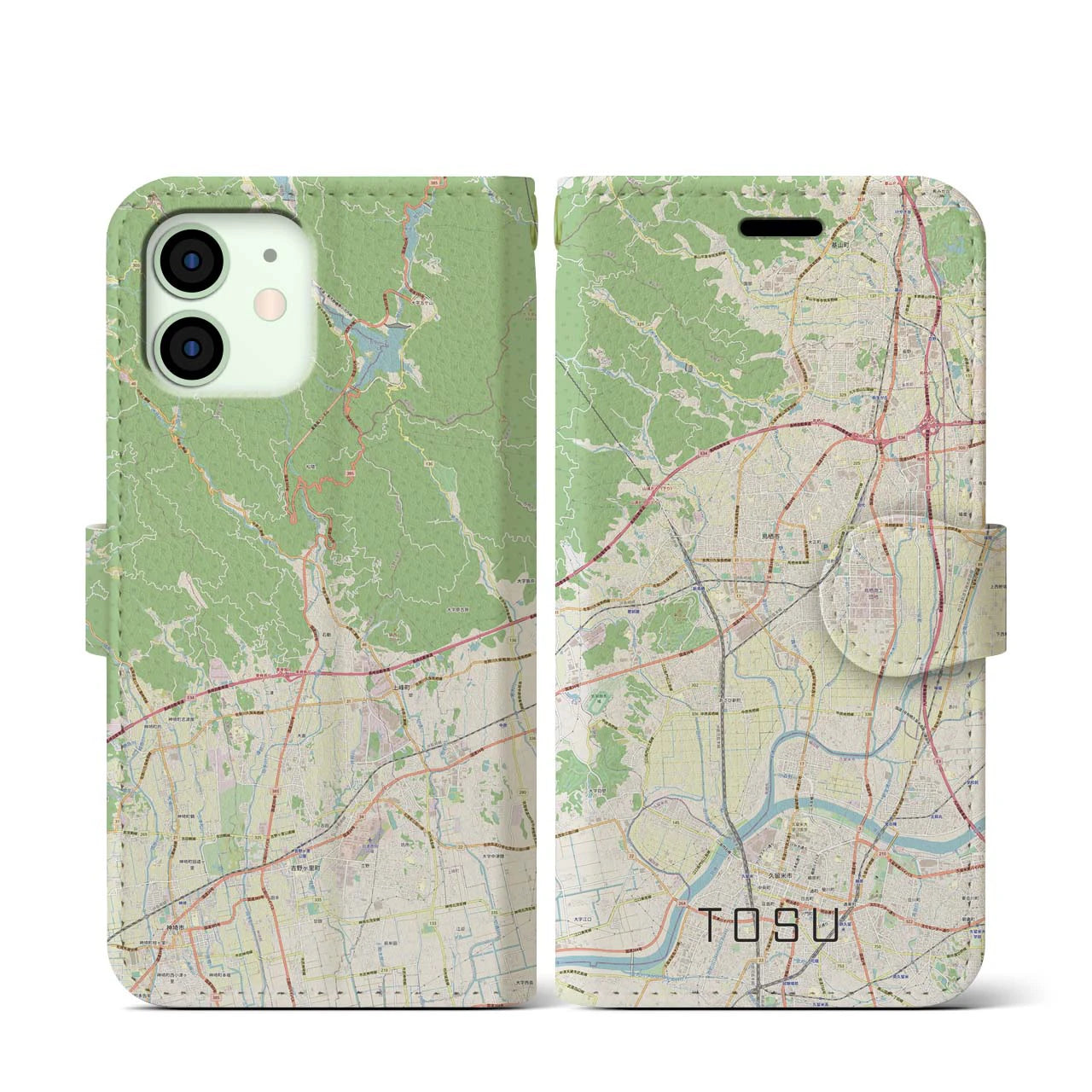 【鳥栖】地図柄iPhoneケース（手帳両面タイプ・ナチュラル）iPhone 12 mini 用