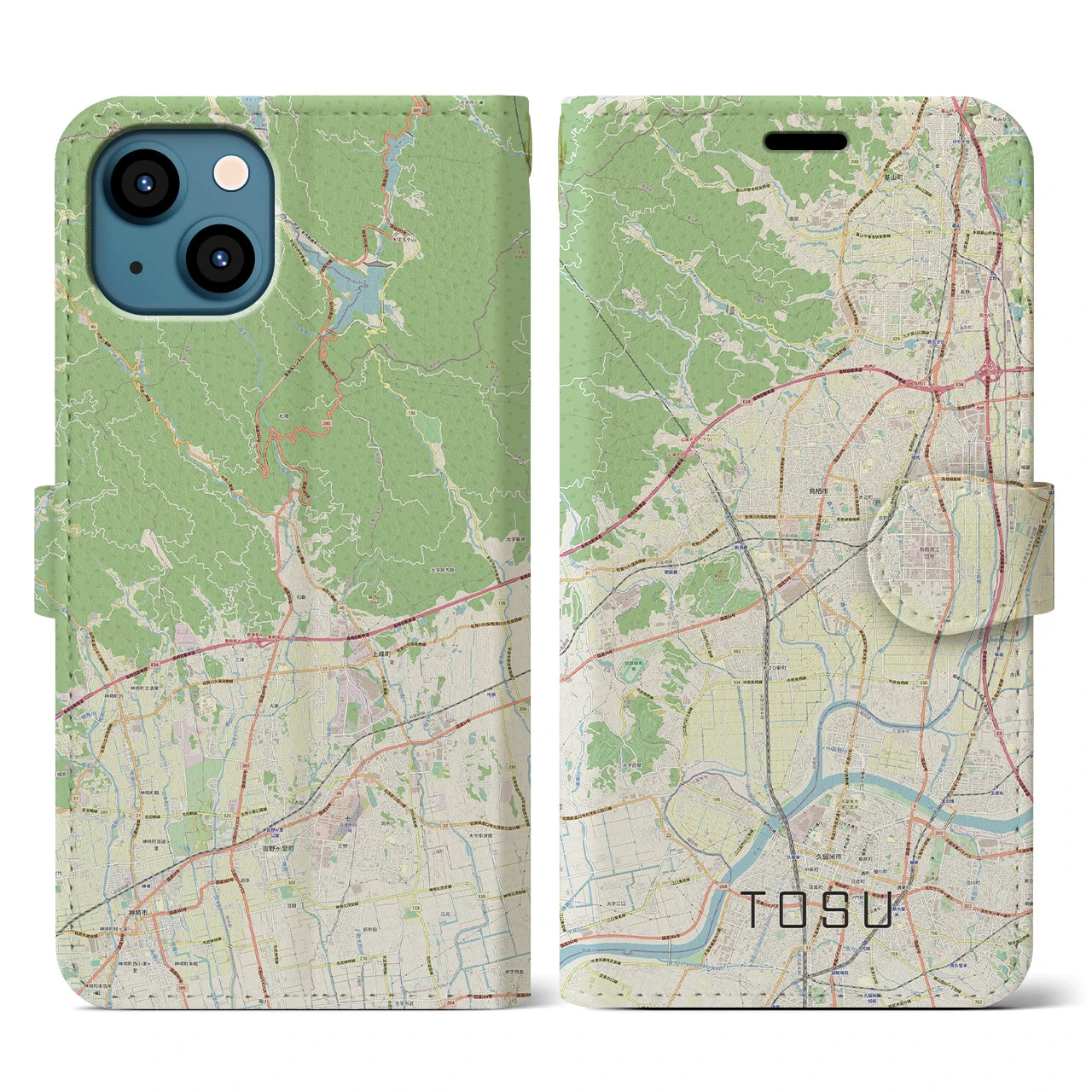 【鳥栖】地図柄iPhoneケース（手帳両面タイプ・ナチュラル）iPhone 13 用