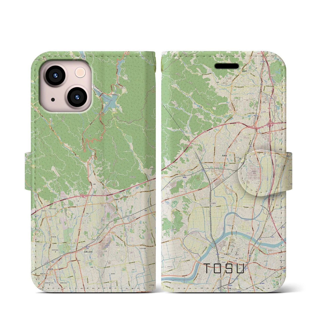 【鳥栖】地図柄iPhoneケース（手帳両面タイプ・ナチュラル）iPhone 13 mini 用