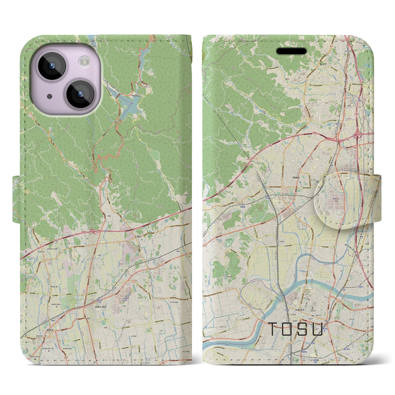 【鳥栖】地図柄iPhoneケース（手帳両面タイプ・ナチュラル）iPhone 14 用