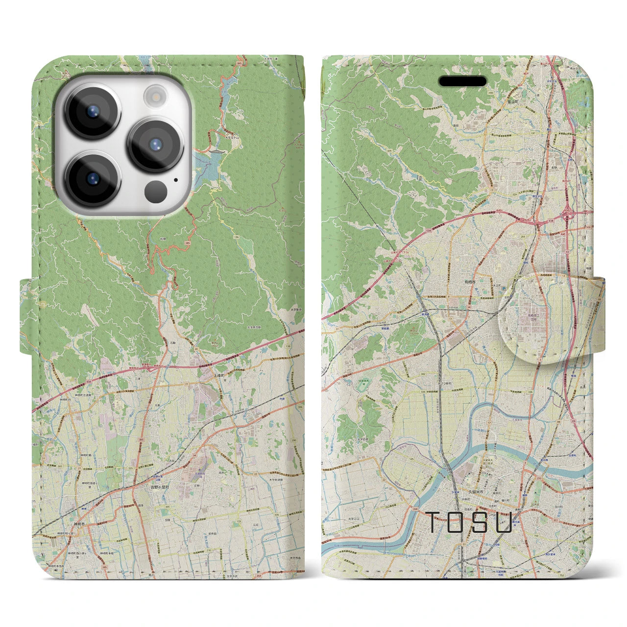 【鳥栖】地図柄iPhoneケース（手帳両面タイプ・ナチュラル）iPhone 14 Pro 用
