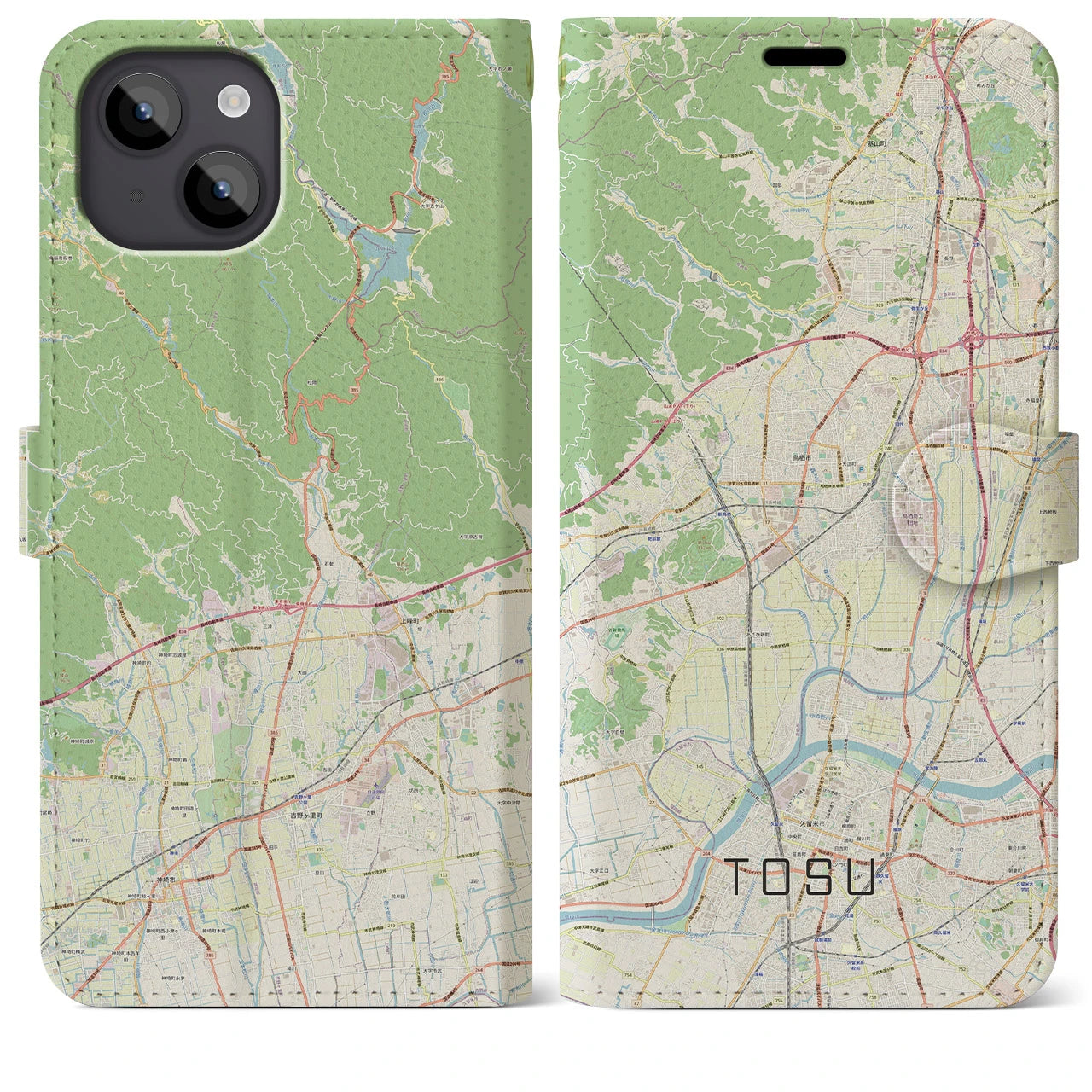 【鳥栖】地図柄iPhoneケース（手帳両面タイプ・ナチュラル）iPhone 14 Plus 用
