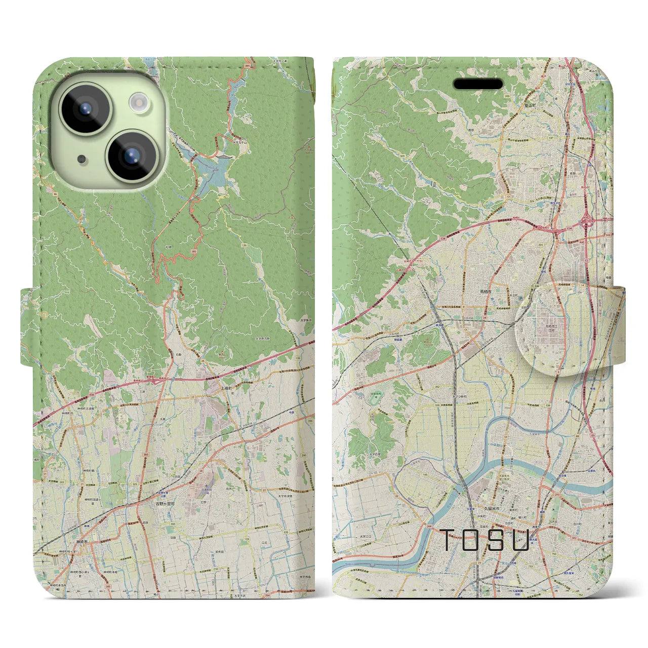 【鳥栖】地図柄iPhoneケース（手帳両面タイプ・ナチュラル）iPhone 15 用