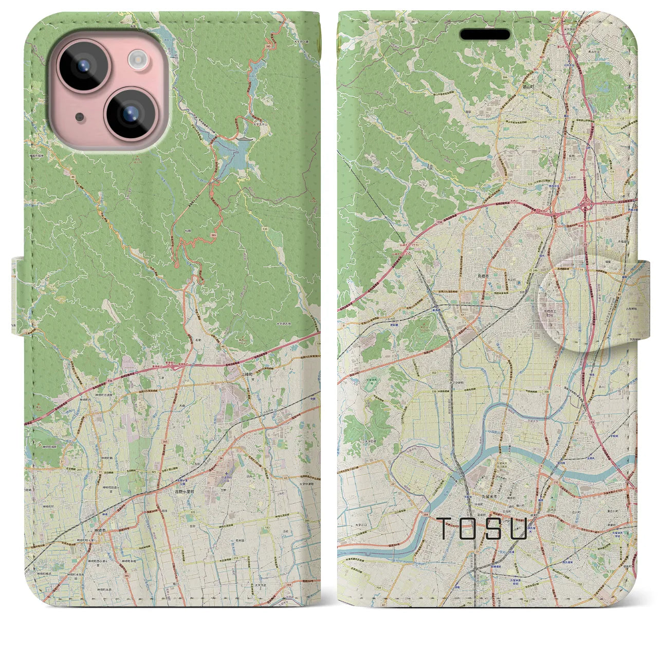 【鳥栖】地図柄iPhoneケース（手帳両面タイプ・ナチュラル）iPhone 15 Plus 用