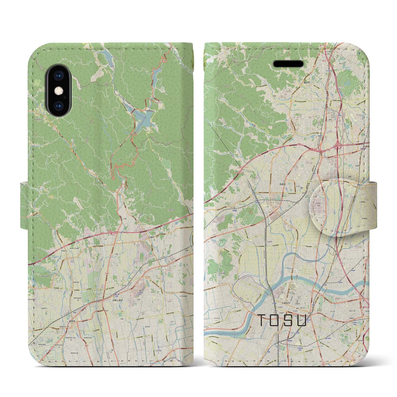 【鳥栖】地図柄iPhoneケース（手帳両面タイプ・ナチュラル）iPhone XS / X 用