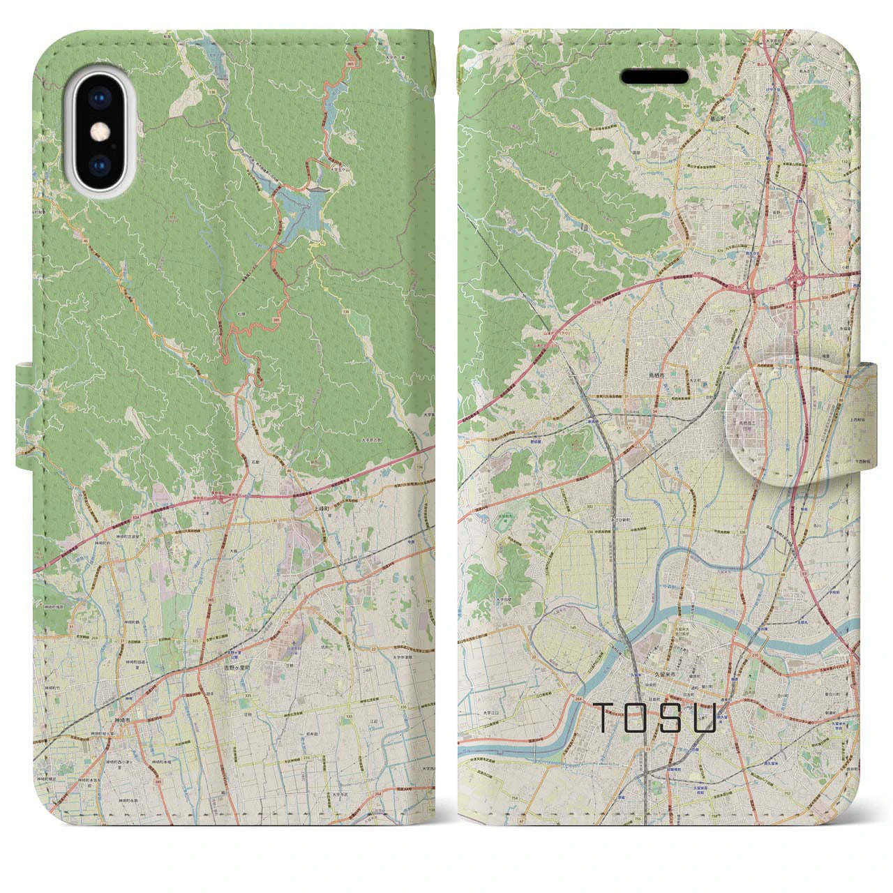【鳥栖】地図柄iPhoneケース（手帳両面タイプ・ナチュラル）iPhone XS Max 用