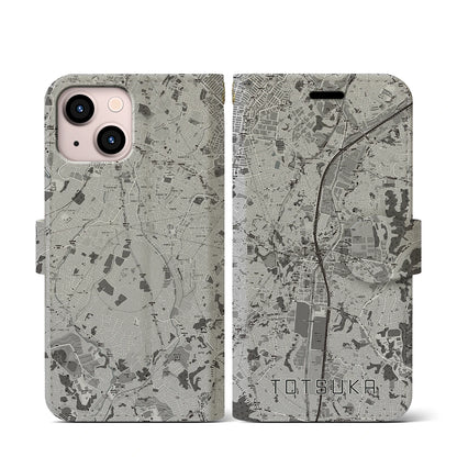 【戸塚（神奈川県）】地図柄iPhoneケース（手帳タイプ）モノトーン・iPhone 13 mini 用