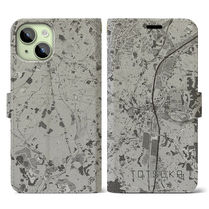 【戸塚（神奈川県）】地図柄iPhoneケース（手帳タイプ）モノトーン・iPhone 15 用