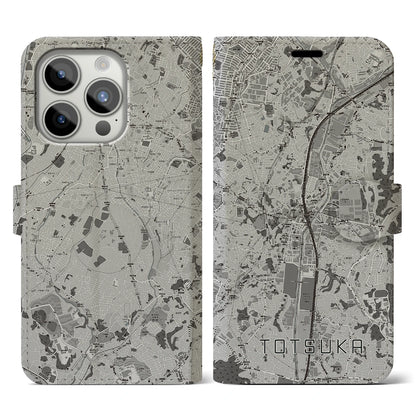 【戸塚（神奈川県）】地図柄iPhoneケース（手帳タイプ）モノトーン・iPhone 15 Pro 用