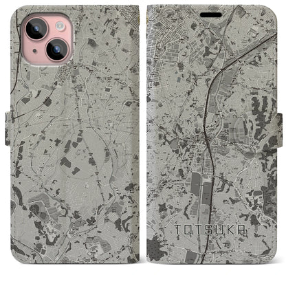 【戸塚（神奈川県）】地図柄iPhoneケース（手帳タイプ）モノトーン・iPhone 15 Plus 用