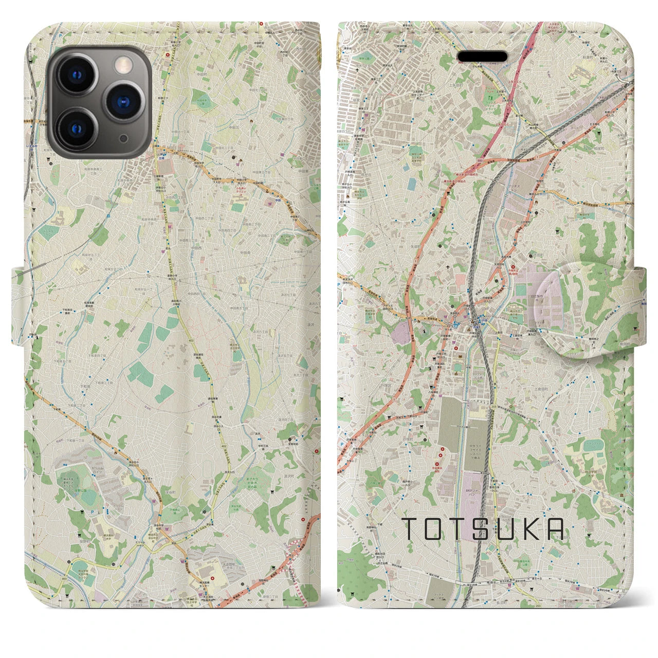 【戸塚】地図柄iPhoneケース（手帳両面タイプ・ナチュラル）iPhone 11 Pro Max 用
