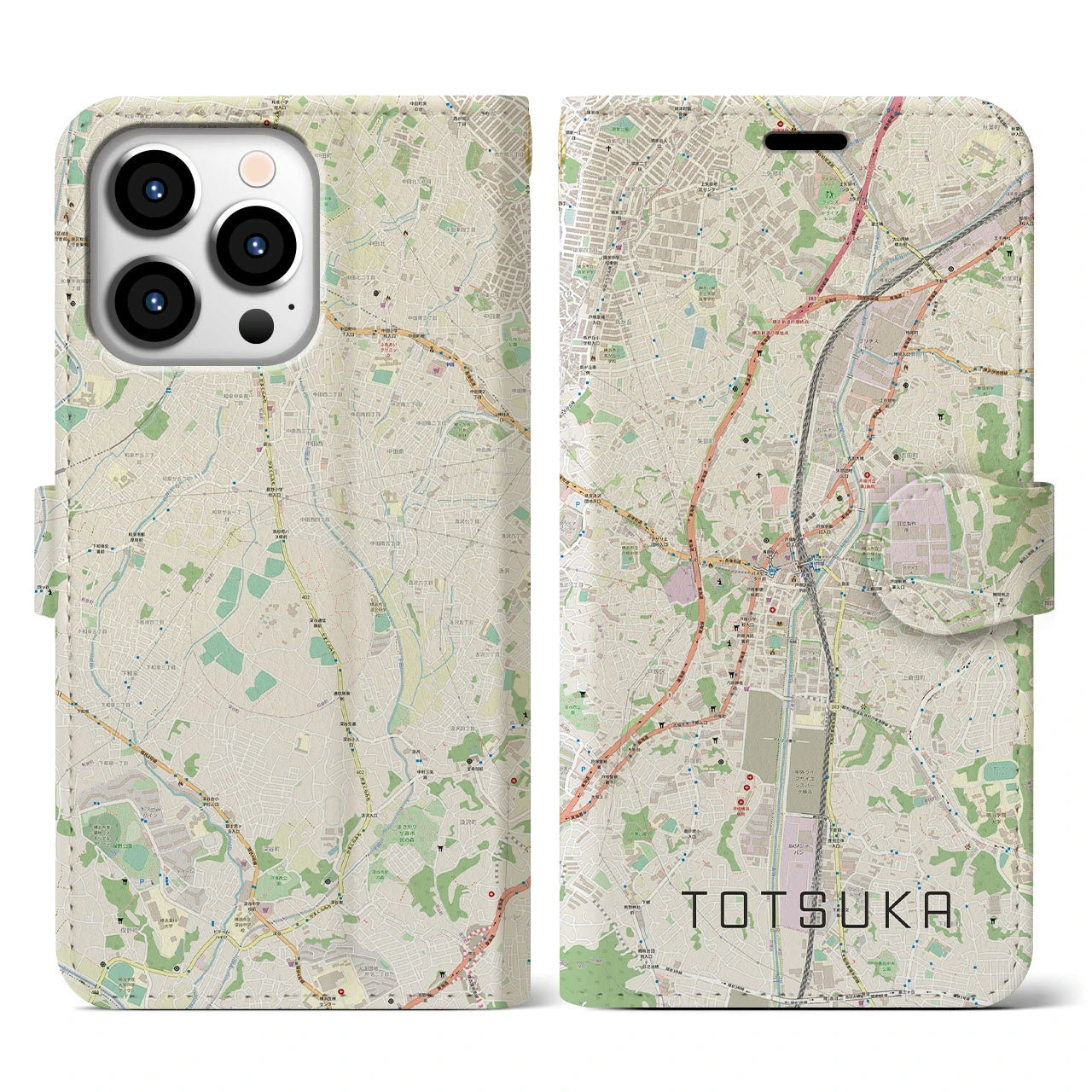 【戸塚】地図柄iPhoneケース（手帳両面タイプ・ナチュラル）iPhone 13 Pro 用