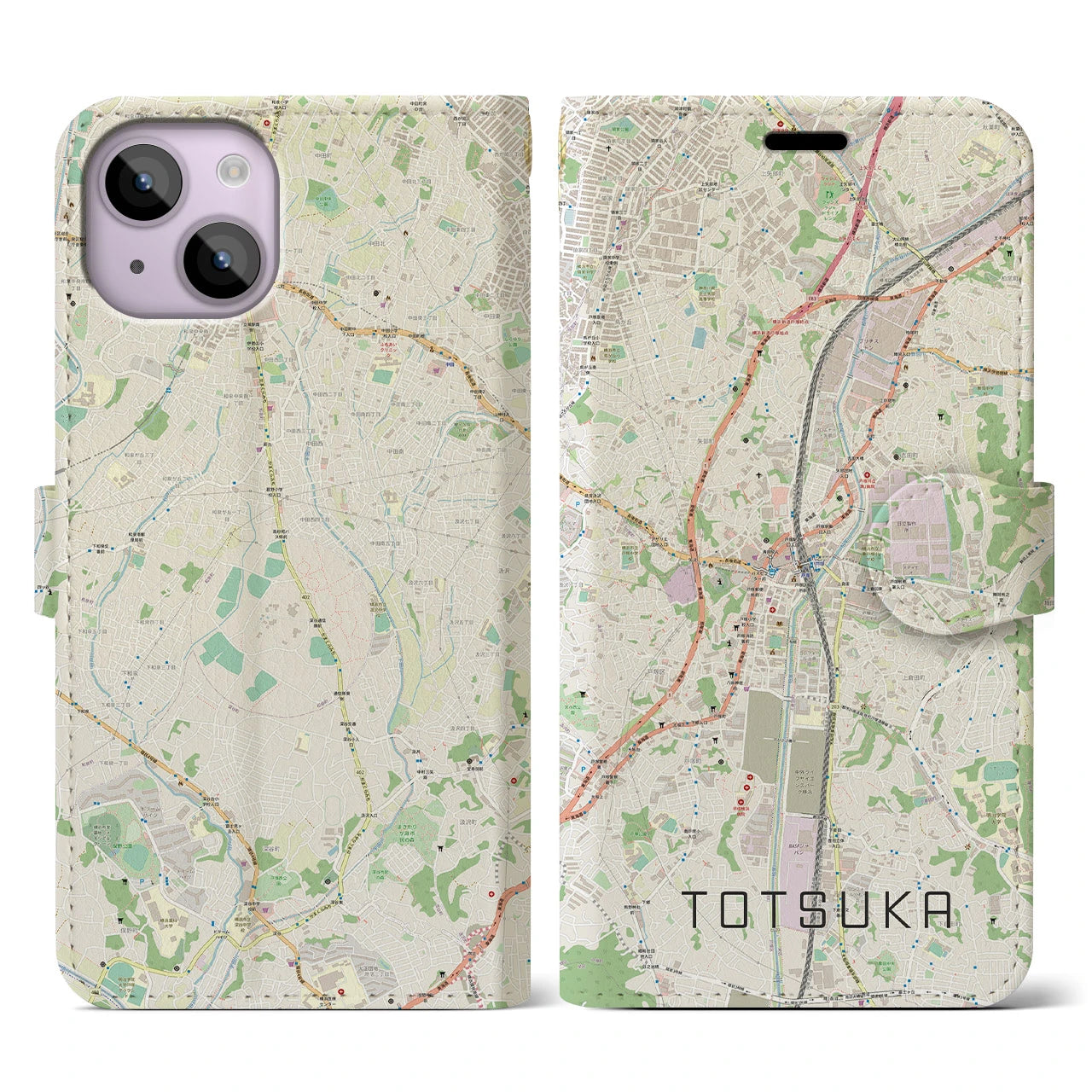 【戸塚】地図柄iPhoneケース（手帳両面タイプ・ナチュラル）iPhone 14 用