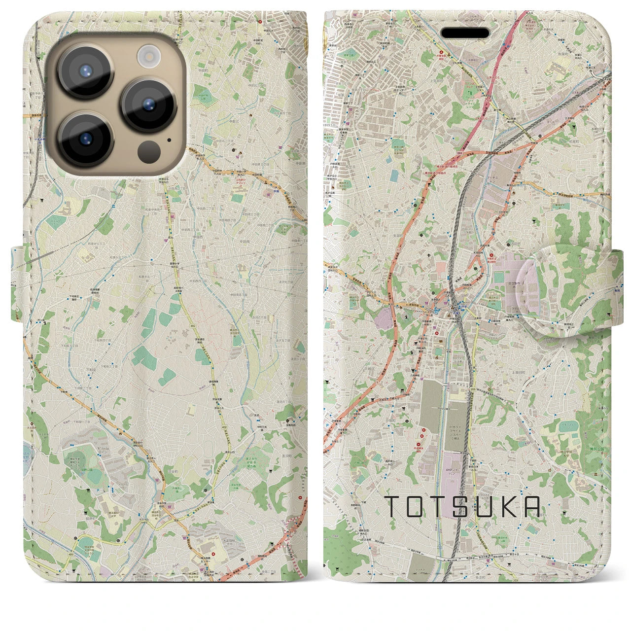 【戸塚】地図柄iPhoneケース（手帳両面タイプ・ナチュラル）iPhone 14 Pro Max 用