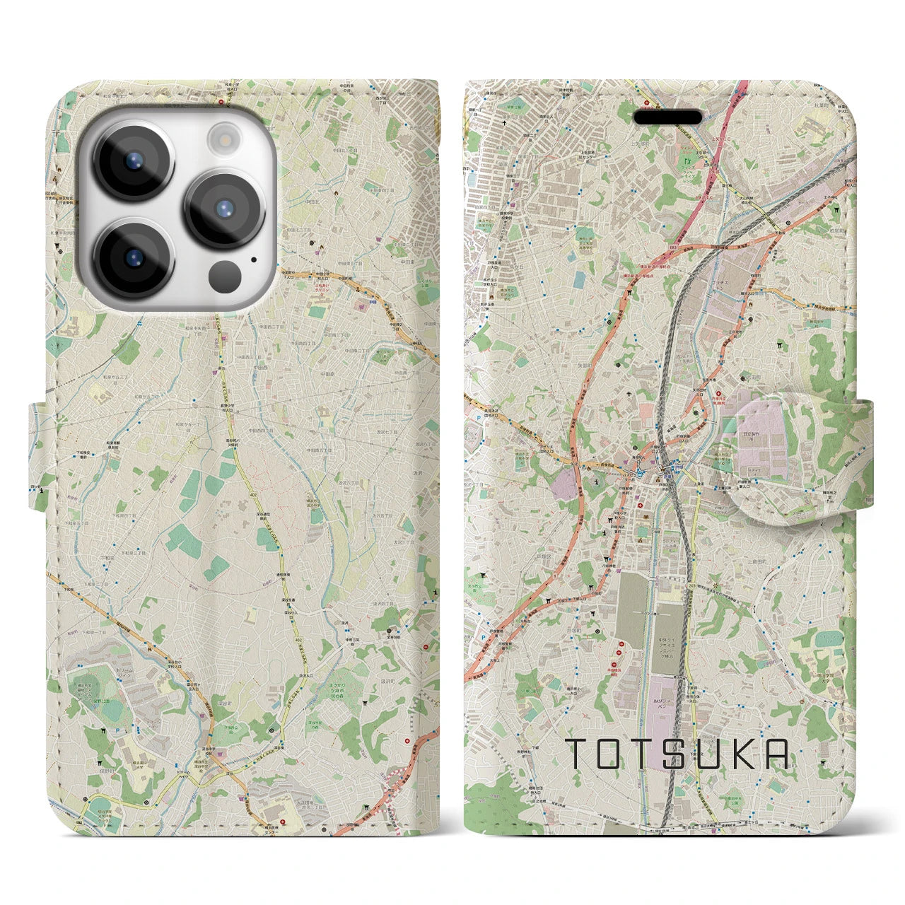 【戸塚】地図柄iPhoneケース（手帳両面タイプ・ナチュラル）iPhone 14 Pro 用