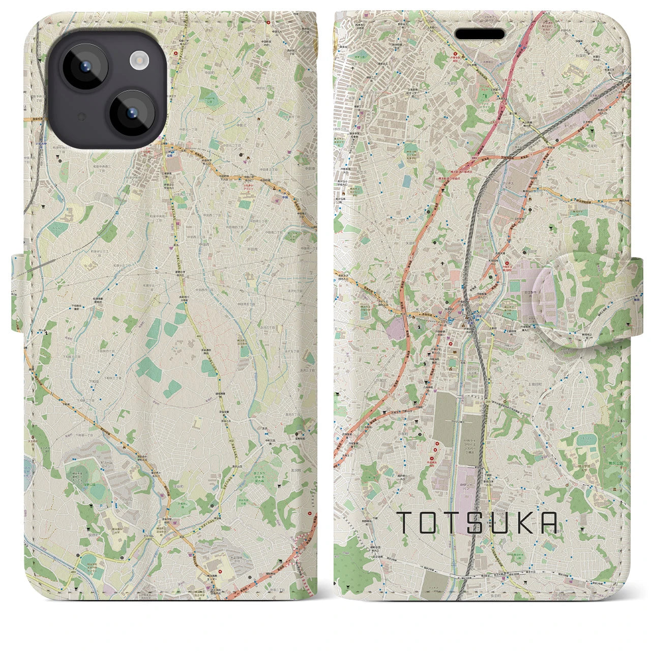 【戸塚】地図柄iPhoneケース（手帳両面タイプ・ナチュラル）iPhone 14 Plus 用