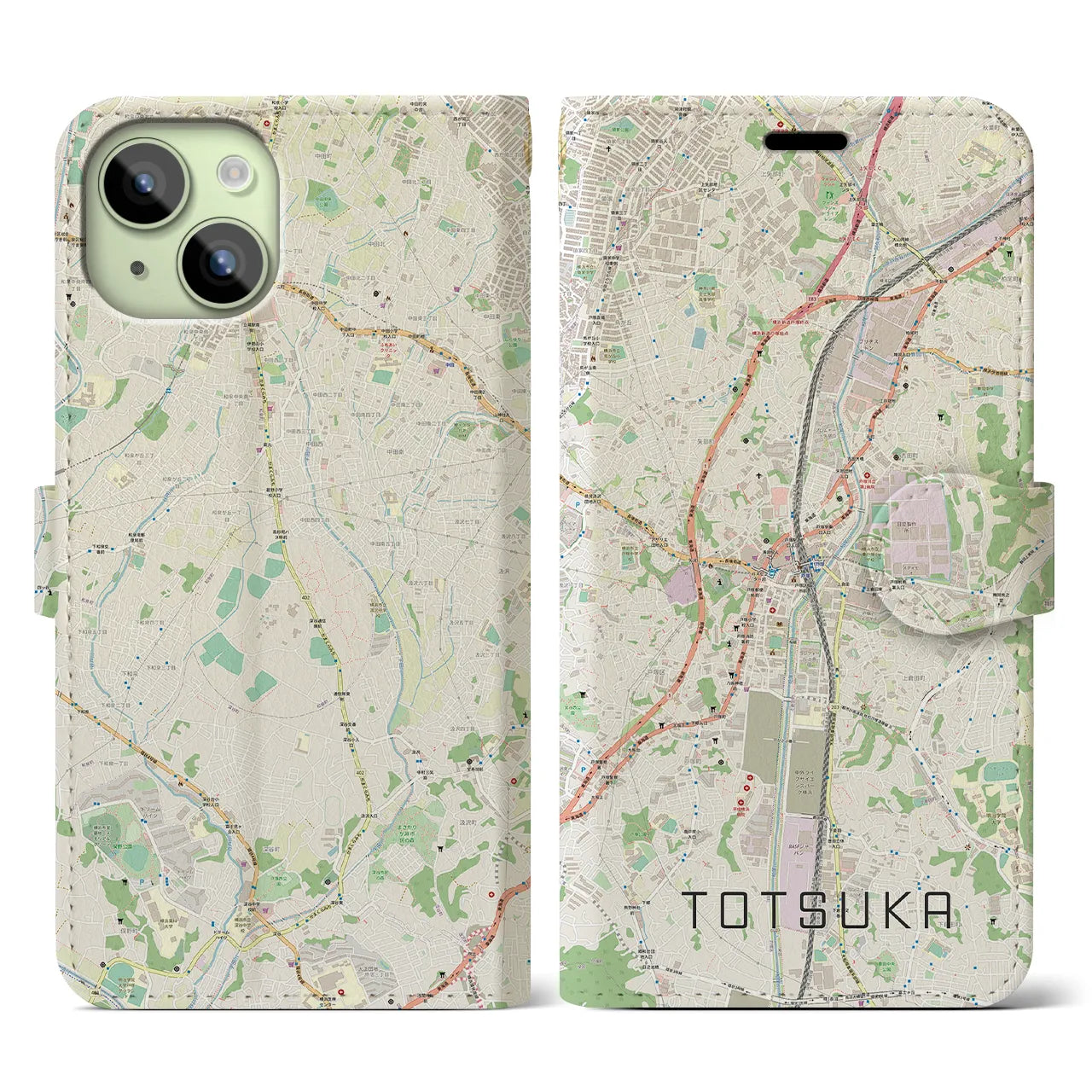 【戸塚】地図柄iPhoneケース（手帳両面タイプ・ナチュラル）iPhone 15 用