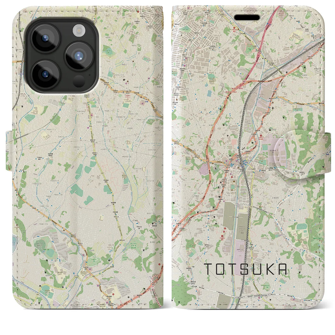 【戸塚】地図柄iPhoneケース（手帳両面タイプ・ナチュラル）iPhone 15 Pro Max 用