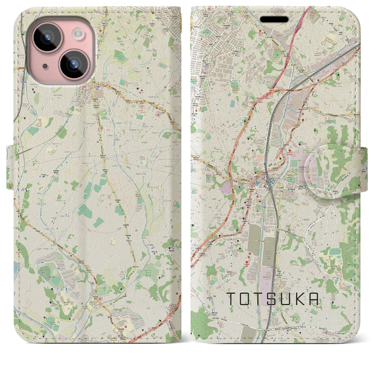 【戸塚】地図柄iPhoneケース（手帳両面タイプ・ナチュラル）iPhone 15 Plus 用