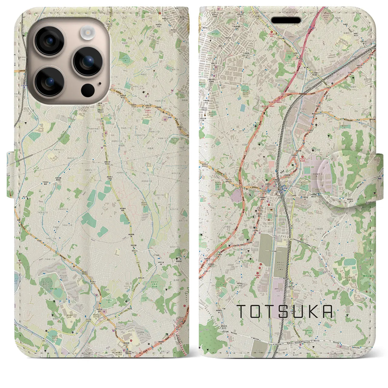 【戸塚（神奈川県）】地図柄iPhoneケース（手帳タイプ）ナチュラル・iPhone 16 Plus 用