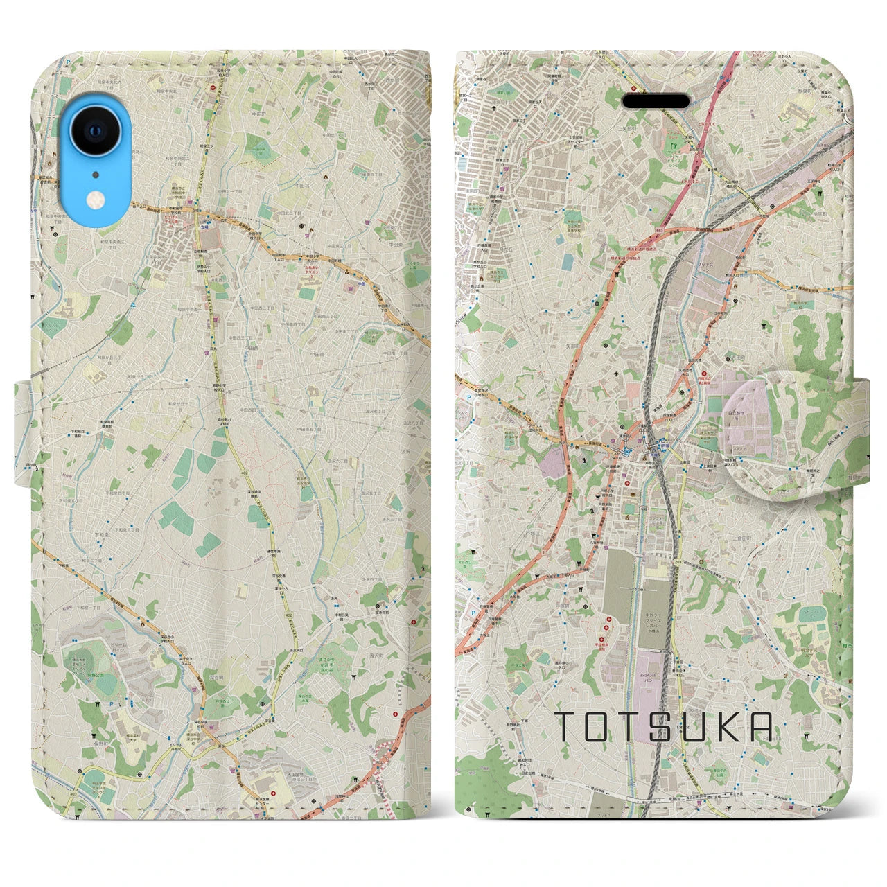 【戸塚】地図柄iPhoneケース（手帳両面タイプ・ナチュラル）iPhone XR 用