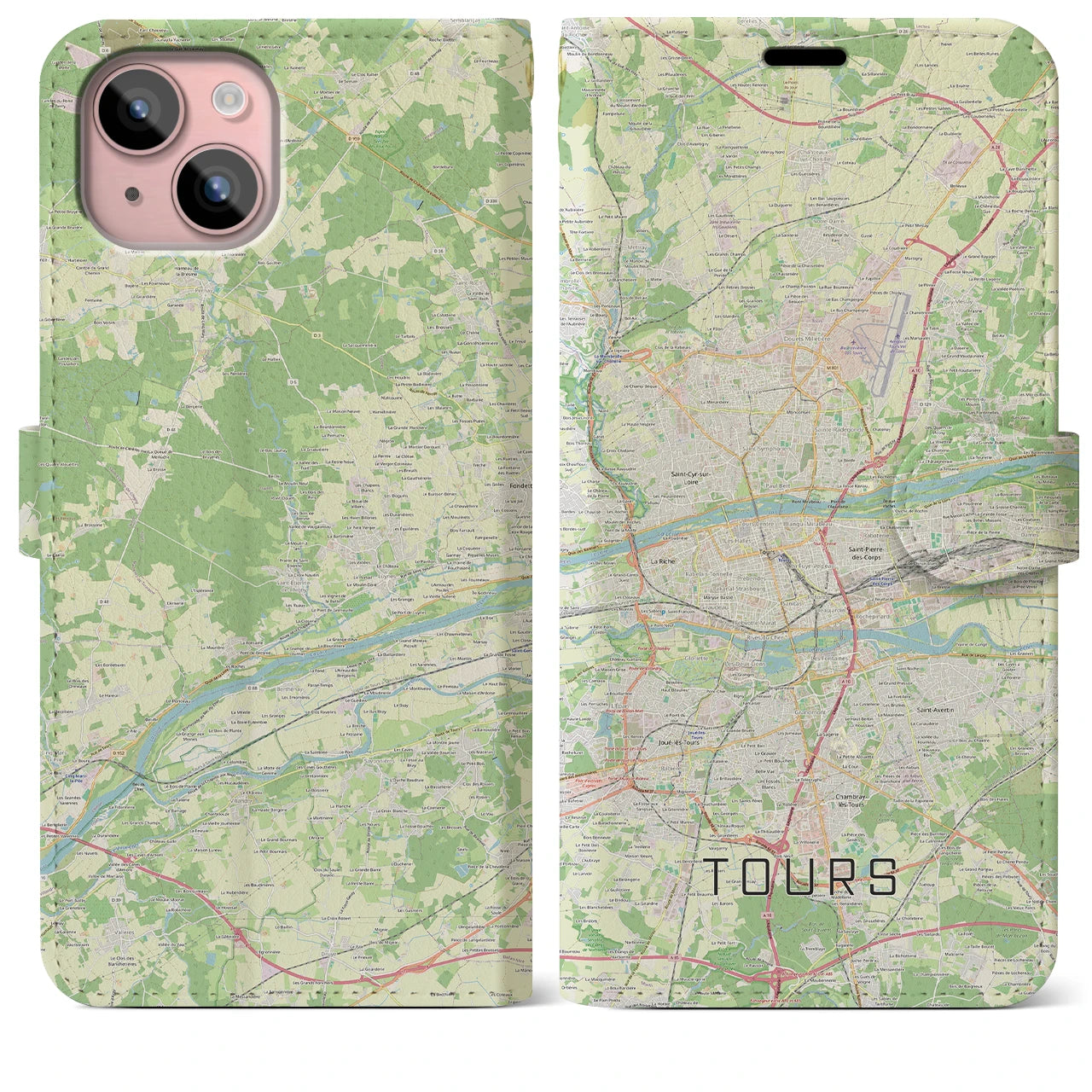 【トゥール（フランス）】地図柄iPhoneケース（手帳タイプ）ナチュラル・iPhone 15 Plus 用