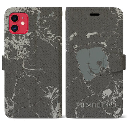 【十和田湖（青森県）】地図柄iPhoneケース（手帳タイプ）モノトーン・iPhone 11 用