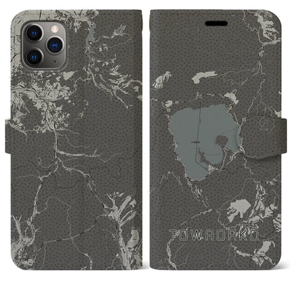 【十和田湖（青森県）】地図柄iPhoneケース（手帳タイプ）モノトーン・iPhone 11 Pro Max 用