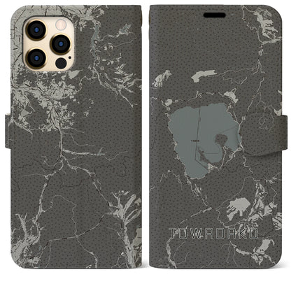【十和田湖（青森県）】地図柄iPhoneケース（手帳タイプ）モノトーン・iPhone 12 Pro Max 用
