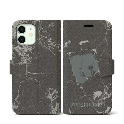【十和田湖（青森県）】地図柄iPhoneケース（手帳タイプ）モノトーン・iPhone 12 mini 用