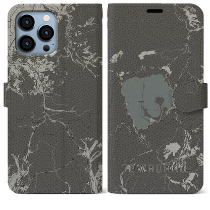 【十和田湖（青森県）】地図柄iPhoneケース（手帳タイプ）モノトーン・iPhone 13 Pro Max 用