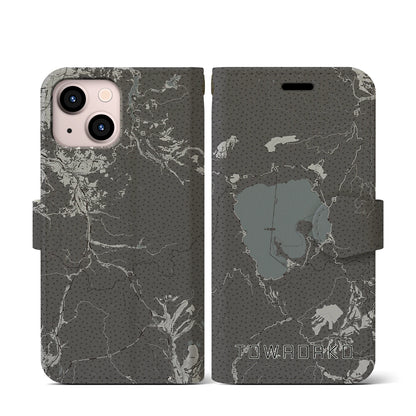 【十和田湖（青森県）】地図柄iPhoneケース（手帳タイプ）モノトーン・iPhone 13 mini 用