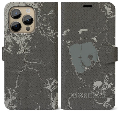 【十和田湖（青森県）】地図柄iPhoneケース（手帳タイプ）モノトーン・iPhone 14 Pro Max 用