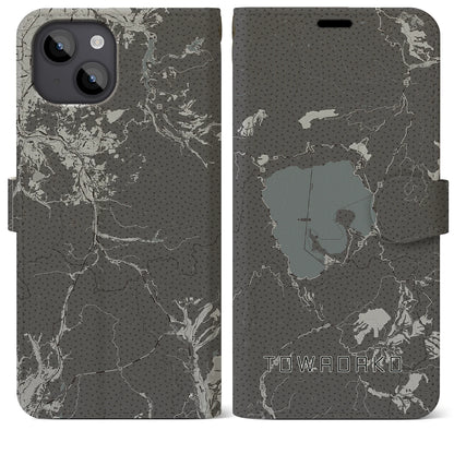 【十和田湖（青森県）】地図柄iPhoneケース（手帳タイプ）モノトーン・iPhone 14 Plus 用