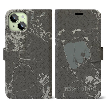 【十和田湖（青森県）】地図柄iPhoneケース（手帳タイプ）モノトーン・iPhone 15 用
