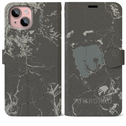 【十和田湖（青森県）】地図柄iPhoneケース（手帳タイプ）モノトーン・iPhone 15 Plus 用