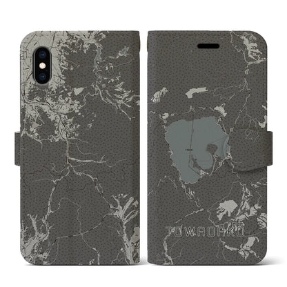 【十和田湖（青森県）】地図柄iPhoneケース（手帳タイプ）モノトーン・iPhone XS / X 用