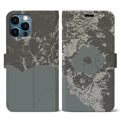 【洞爺湖（北海道）】地図柄iPhoneケース（手帳タイプ）モノトーン・iPhone 12 / 12 Pro 用