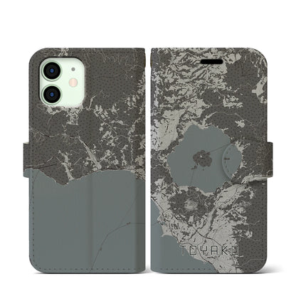 【洞爺湖（北海道）】地図柄iPhoneケース（手帳タイプ）モノトーン・iPhone 12 mini 用