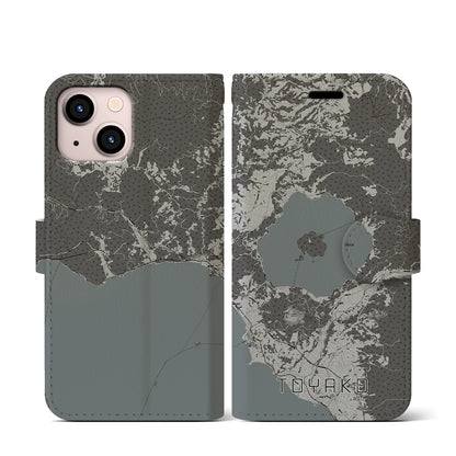 【洞爺湖（北海道）】地図柄iPhoneケース（手帳タイプ）モノトーン・iPhone 13 mini 用