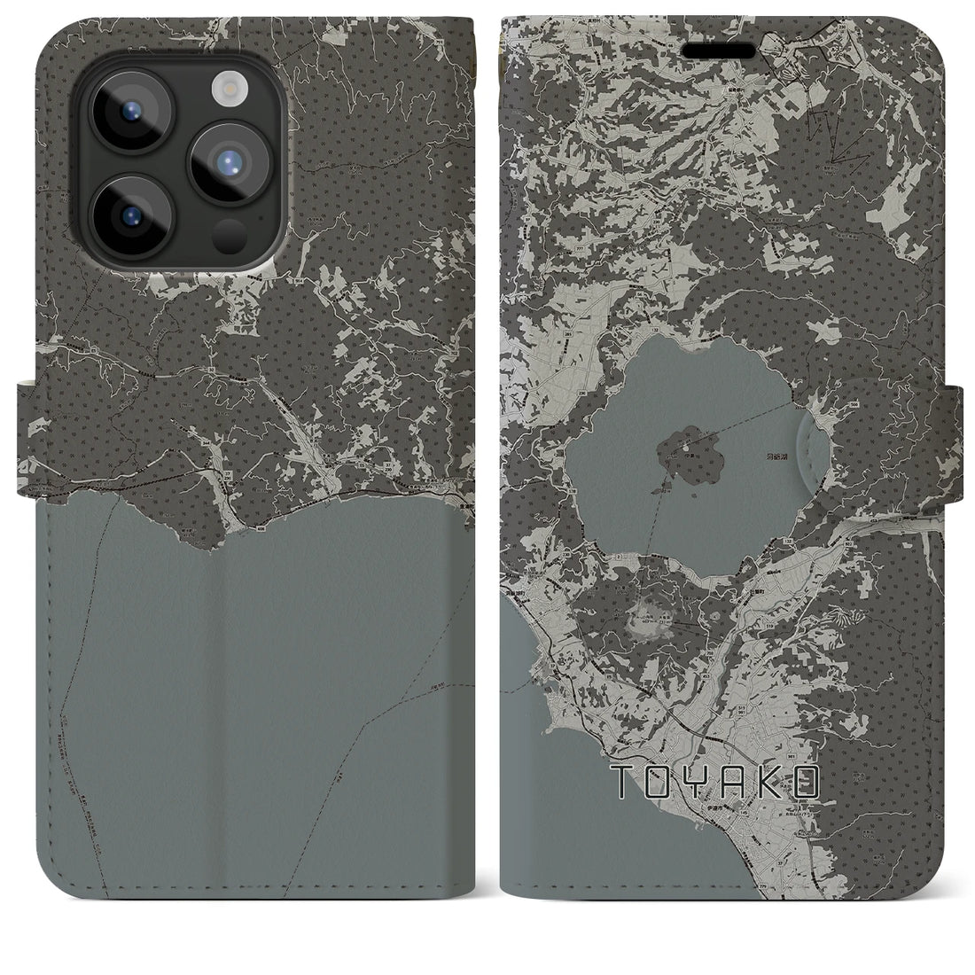 【洞爺湖】地図柄iPhoneケース（手帳両面タイプ・モノトーン）iPhone 15 Pro Max 用