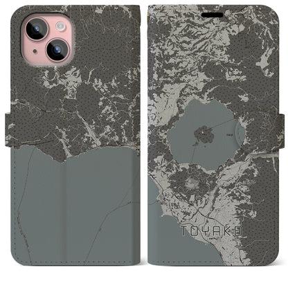【洞爺湖（北海道）】地図柄iPhoneケース（手帳タイプ）モノトーン・iPhone 15 Plus 用