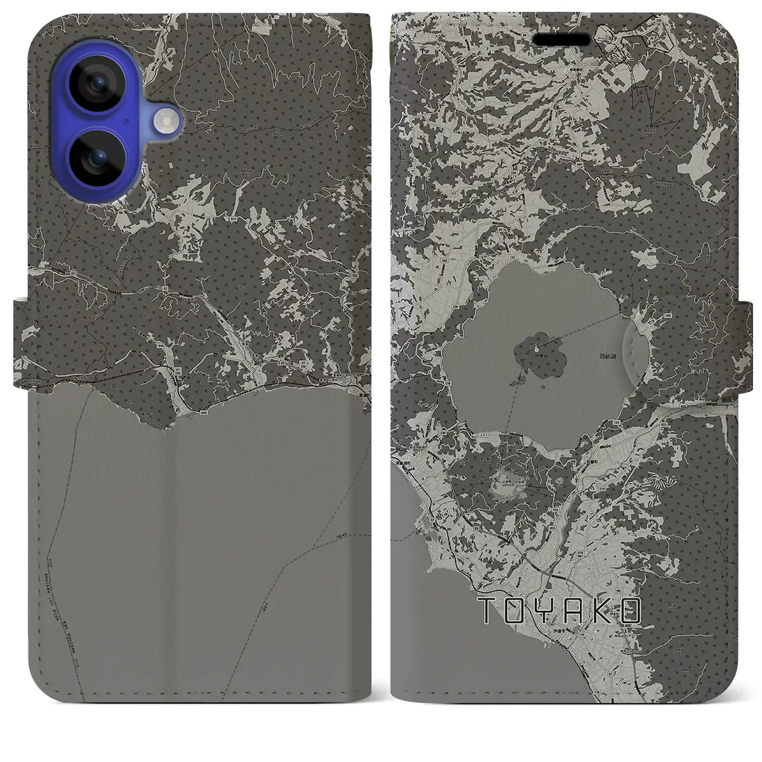 【洞爺湖(北海道)】地図柄iPhoneケース(手帳タイプ)モノトーン・iPhone 16 Pro Max 用