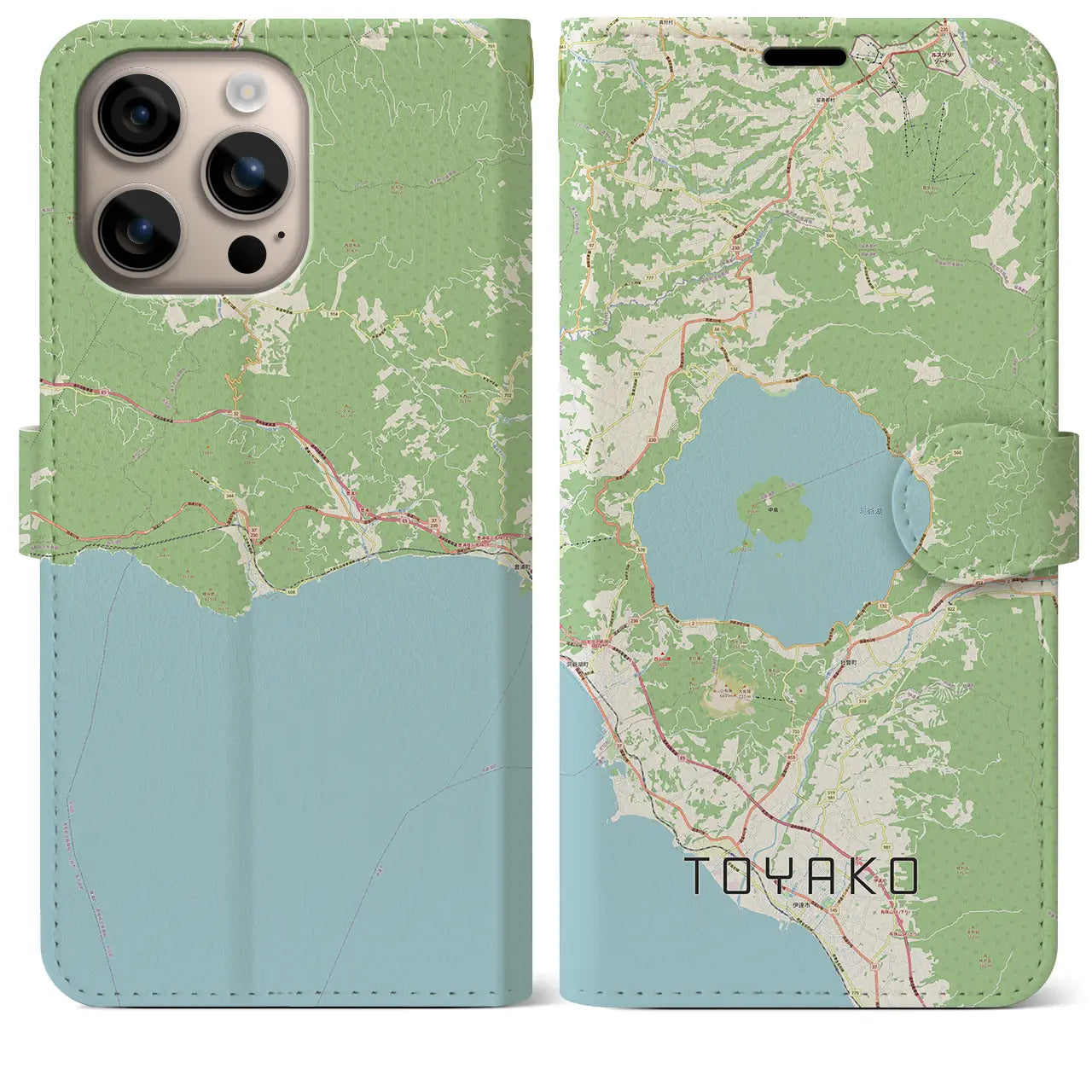 【洞爺湖（北海道）】地図柄iPhoneケース（手帳タイプ）ナチュラル・iPhone 16 Plus 用