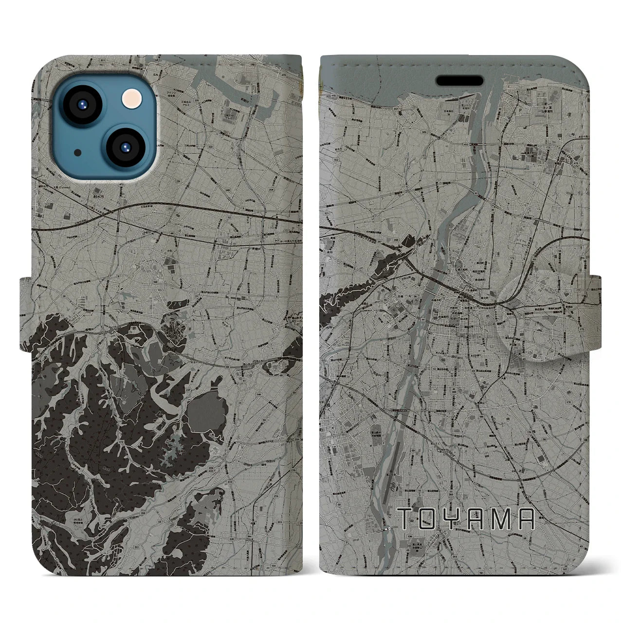 【富山（富山県）】地図柄iPhoneケース（手帳タイプ）モノトーン・iPhone 13 用