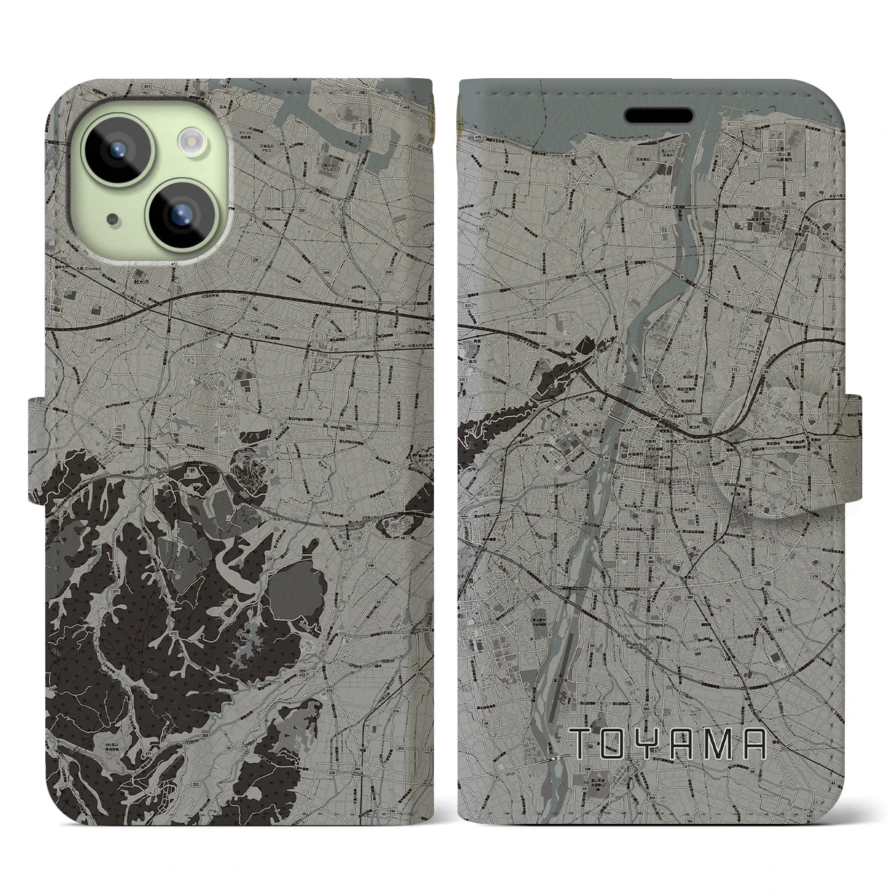 【富山】地図柄iPhoneケース（手帳両面タイプ・モノトーン）iPhone 15 用