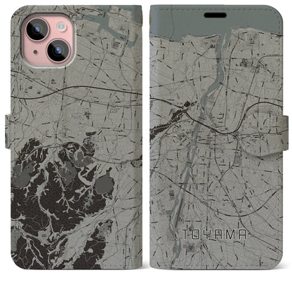 【富山（富山県）】地図柄iPhoneケース（手帳タイプ）モノトーン・iPhone 15 Plus 用