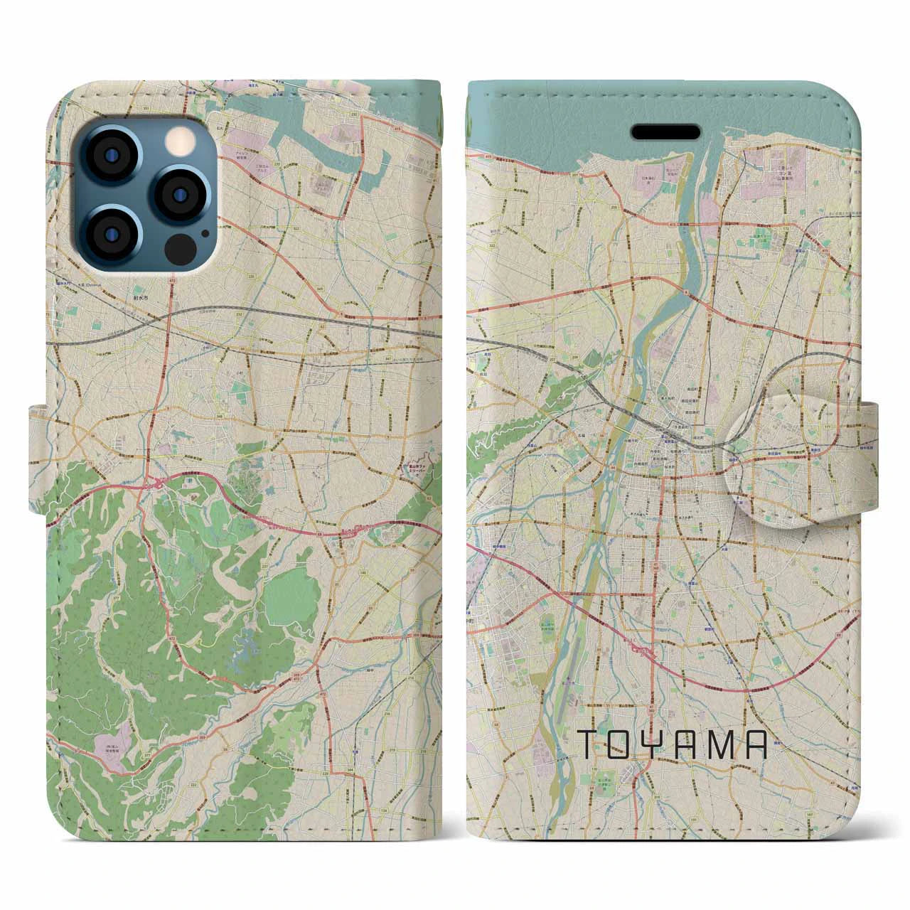 【富山】地図柄iPhoneケース（手帳両面タイプ・ナチュラル）iPhone 12 / 12 Pro 用